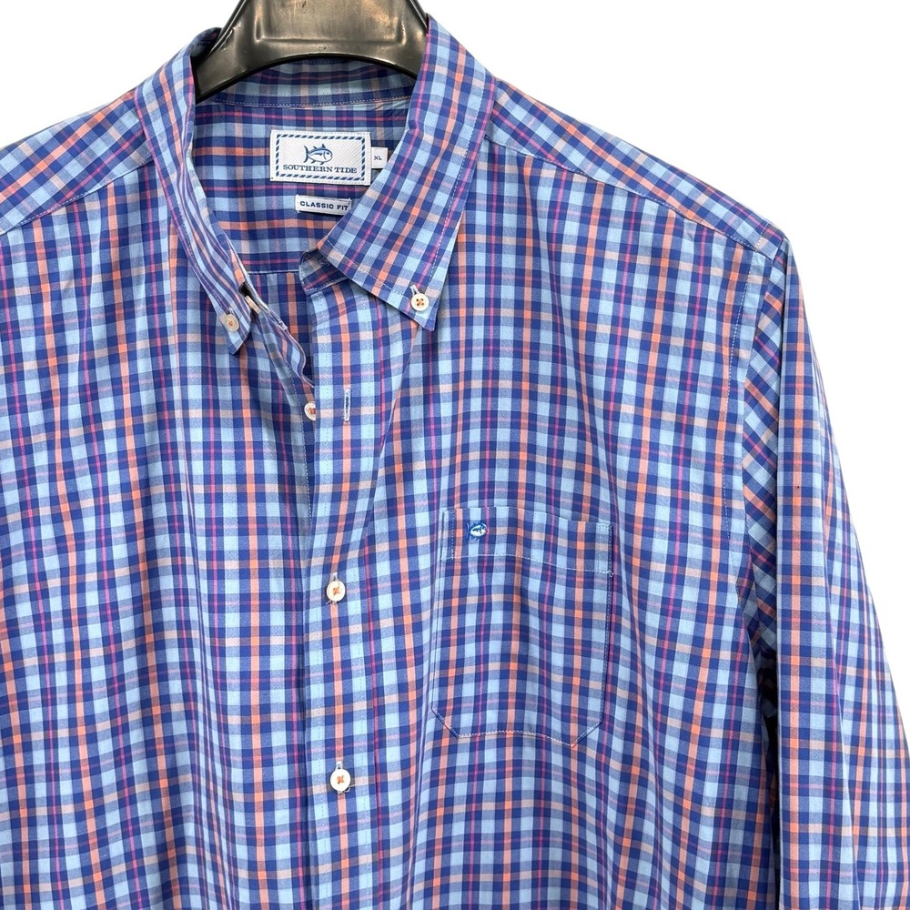 Southern Tide Mens XL Pre-Owned Classic Fit Plaid Button Down‎ Shirt Blue Orange